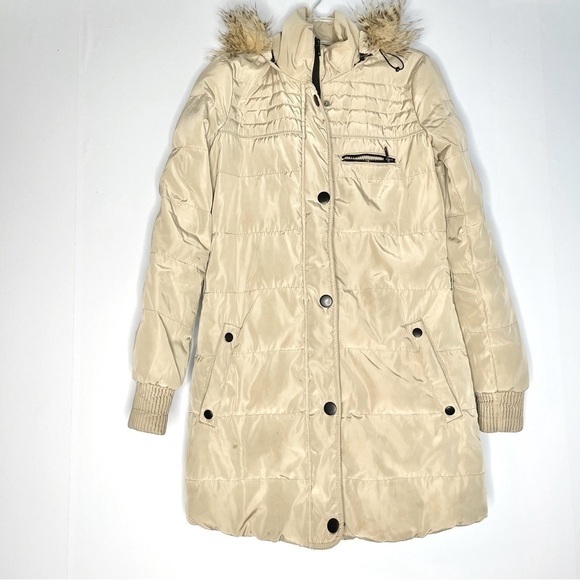 Mango tan puffer faux fur winter down fill jacket US XXS - Picture 1 of 9